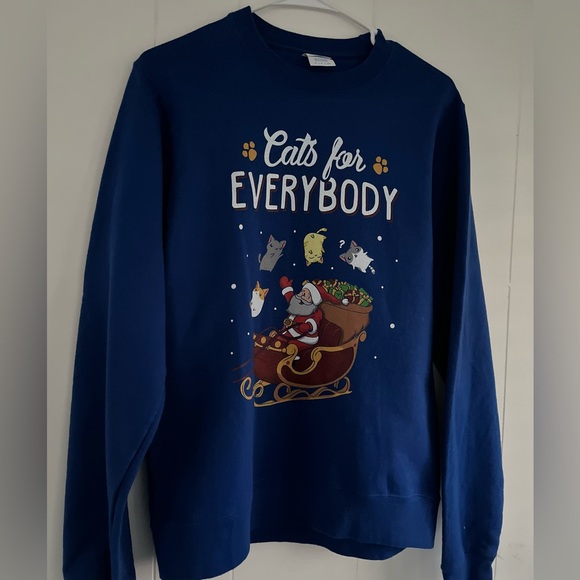 Christmas Holiday Cat Sweatshirt Blue Cats For Everybody Santa Sleigh Cats Small - Picture 3 of 12